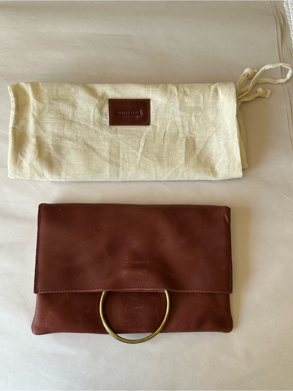 Parker Clay Nyala Foldover Clutch Leather Minimalist Envelope Bag Tan - Picture 10 of 14